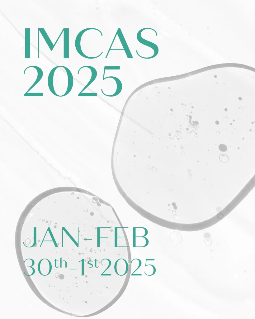 Yarı saydam jel benzeri dairelerin yer aldığı bir arka plan üzerinde "IMCAS 2025" ve "JAN-FEB 30th-1st 2025" yazan yeşil metinli soyut tasarım.