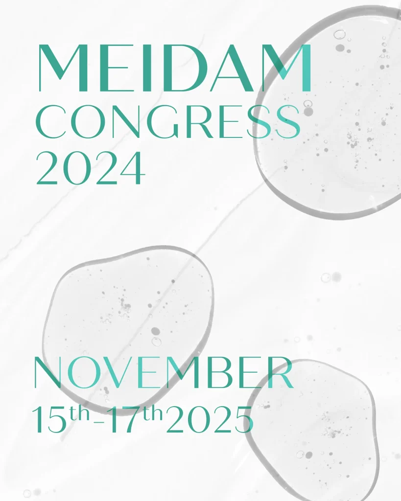 Soyut soluk baloncuklar ve metin içeren poster: "MEIDAM Kongresi 2024. 15-17 Kasım 2025.