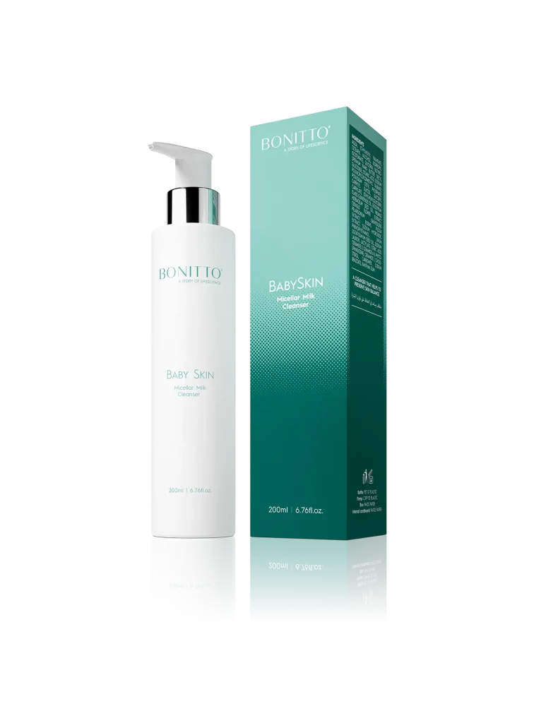 A white pump bottle labeled "Bonito Baby Skin Moisturizing Milk" stands next to its teal and white packaging, both showing a 200ml volume. The packaging has product information and branding.