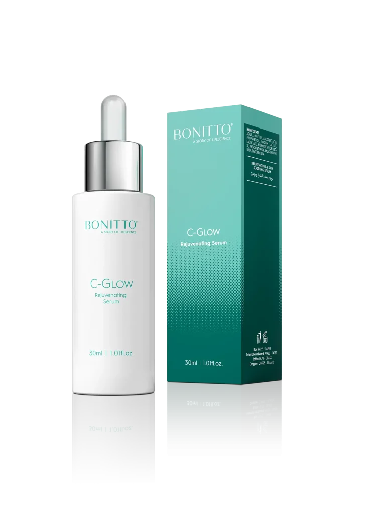 A white bottle of BONITTO C-Glow Rejuvenating Serum with a dropper, placed next to its matching teal and white box. The packaging displays the product name and size, 30 ml (1.01 fl. oz).