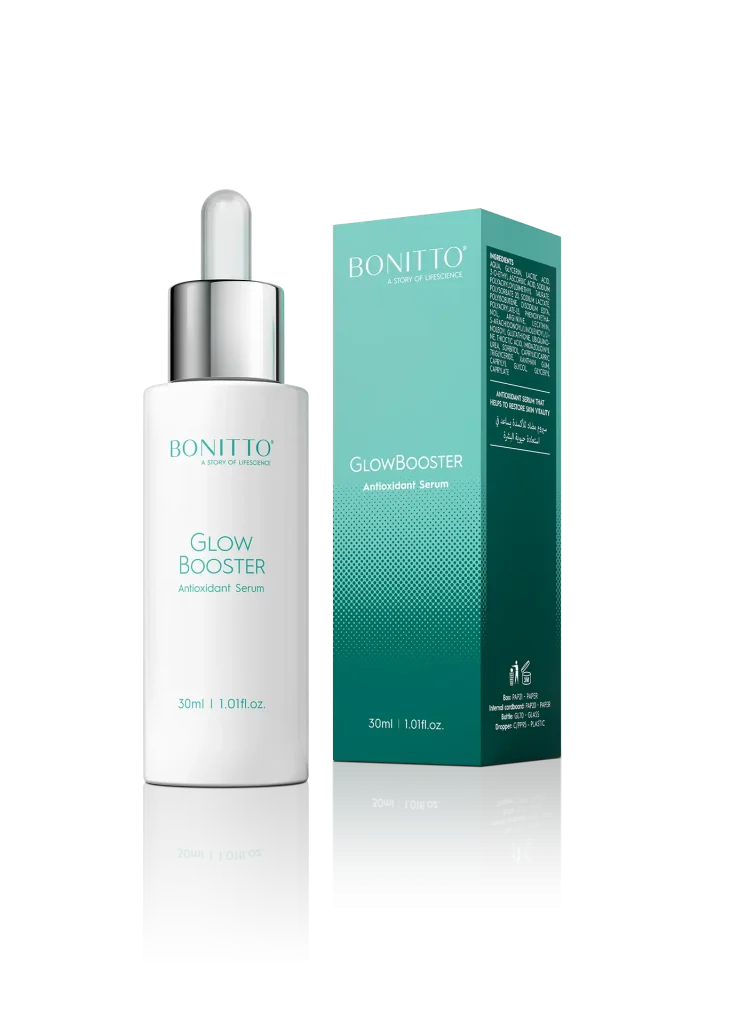 A white 30ml bottle labeled "BONITTO Glow Booster Antioxidant Serum" with a dropper cap is shown next to its teal and white box packaging, which also displays the product name and details.