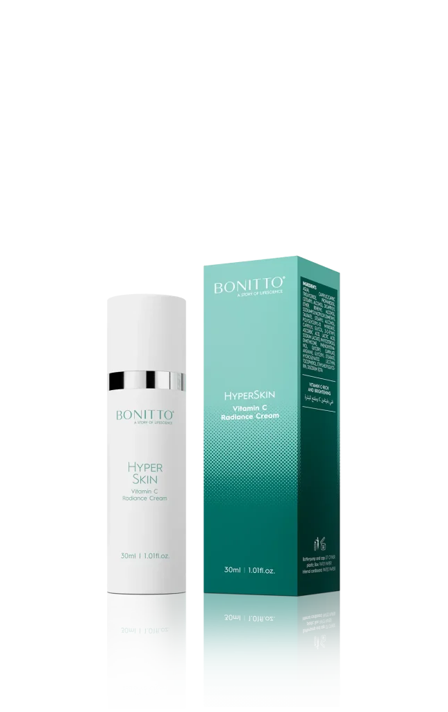 A white bottle of Bonitto HyperSkin Radiance Cream stands next to its teal and white box. Both display the product name, description, and volume (30 ml / 1.01 fl. oz) on a plain white background.