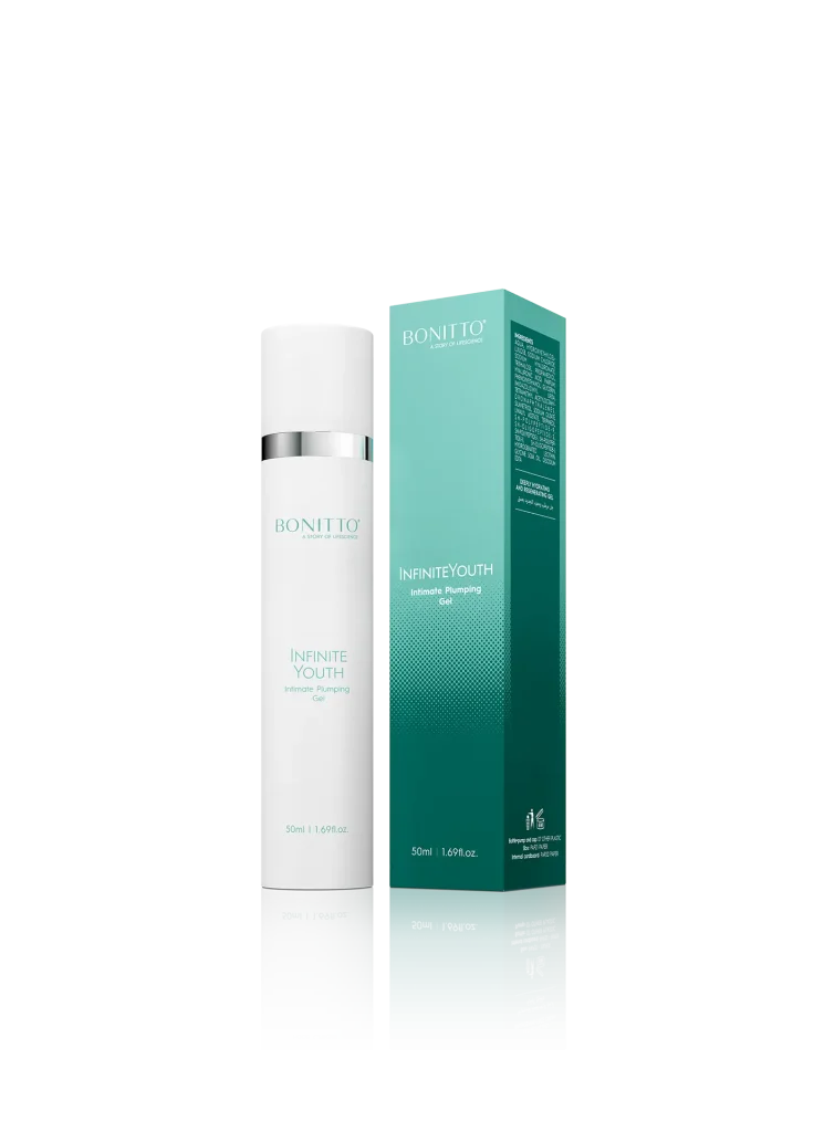 A white and teal bottle of BONITO Infinite Youth Reviving Gel stands next to its matching teal box packaging, both featuring minimalist design and product details.