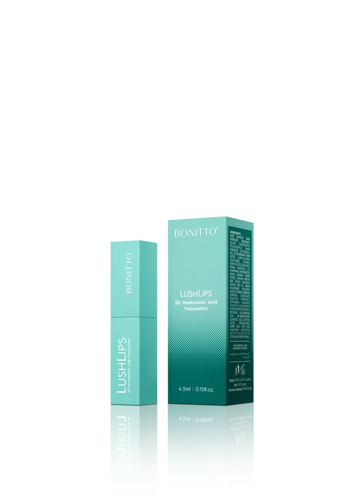 A teal-colored tube and matching box of BONITO Lush Lips 3D Hyaluronic Acid Volumizer, shown on a white background with their reflections visible below.