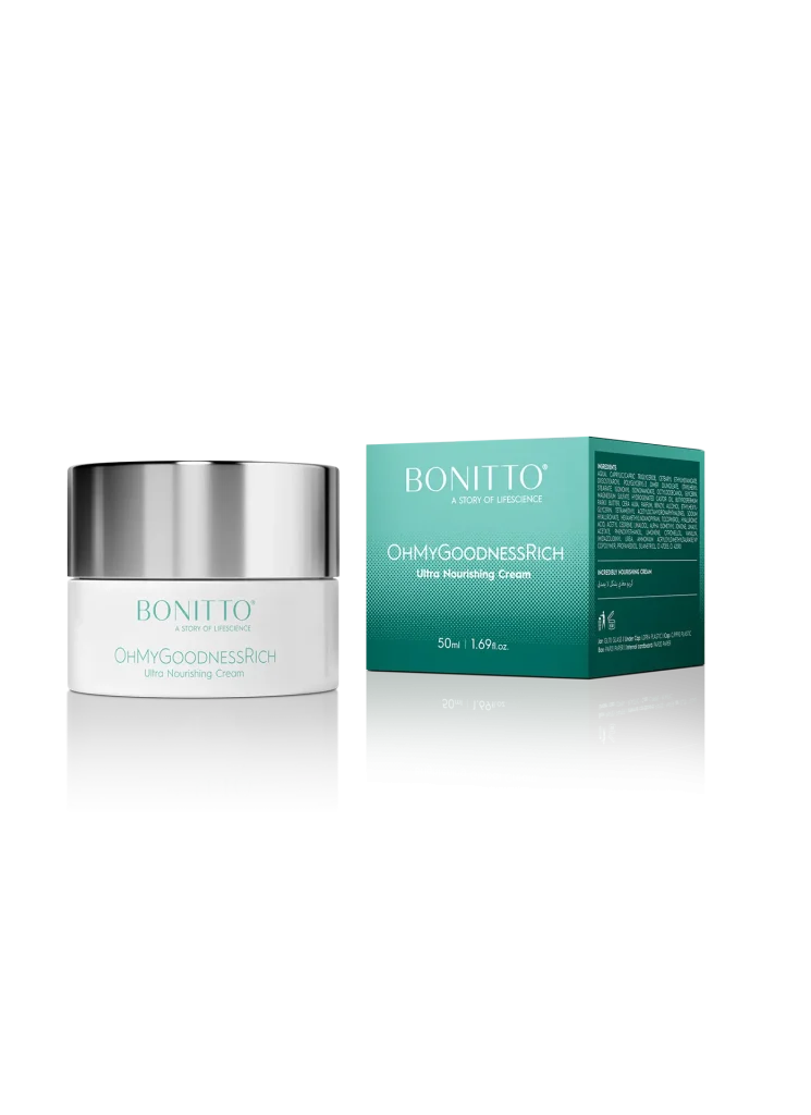 A jar of BONITTO OhMyGoodnessRich Ultra Nourishing Cream sits next to its teal and white product box on a reflective surface.