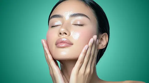 A woman with clear, glowing skin gently touches her face with both hands, eyes closed, against a teal background. Her skin appears well-moisturized and luminous.