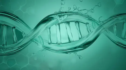 A stylized illustration of a DNA double helix with water-like textures and droplets, set against a teal background with faint hexagonal patterns.