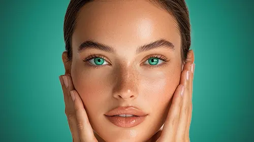 A woman with clear skin, green eyes, and natural makeup gently cups her face with both hands. She has straight brown hair pulled back and is posed against a solid teal background.