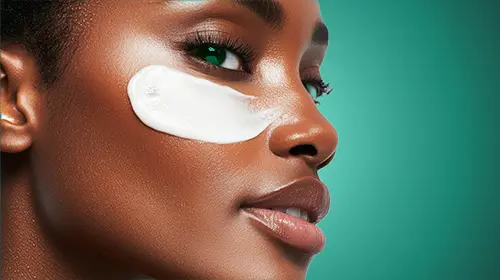 A close-up of a woman's face with smooth skin, showing a thick layer of white cream applied to her cheek, against a teal background.