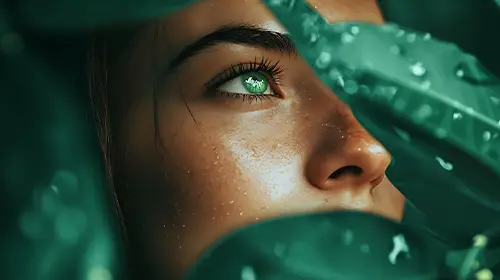 A close-up of a person's face partially obscured by green leaves, with water droplets on their skin and the leaves. The person is gazing upward, and natural light highlights their eye and facial features.