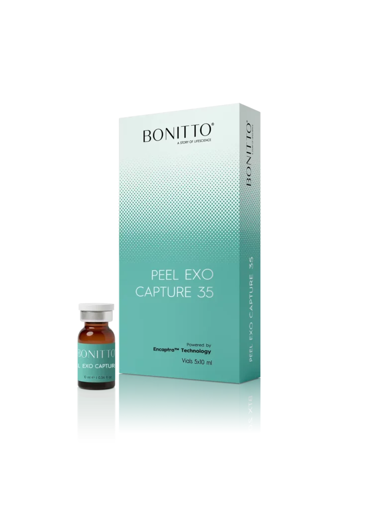 PEEL EXO CAPTURE 35 1 Une petite fiole et une grande boîte rectangulaire étiquetée "BONITTO PEEL EXO CAPTURE 35" avec un emballage dégradé sarcelle et blanc, se tenant côte à côte sur un fond blanc.