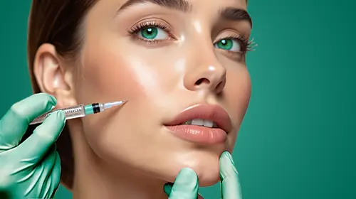 A woman with green eyes and smooth skin receives a cosmetic injection in her cheek from someone wearing green gloves, against a green background.