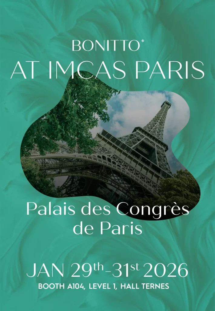 A promotional poster with a green abstract background features an image of the Eiffel Tower. Text reads: "Bonitto at IMCAS Paris, Palais des Congrès de Paris, Jan 29th–31st 2026, Booth A104, Level 1, Hall Ternes.