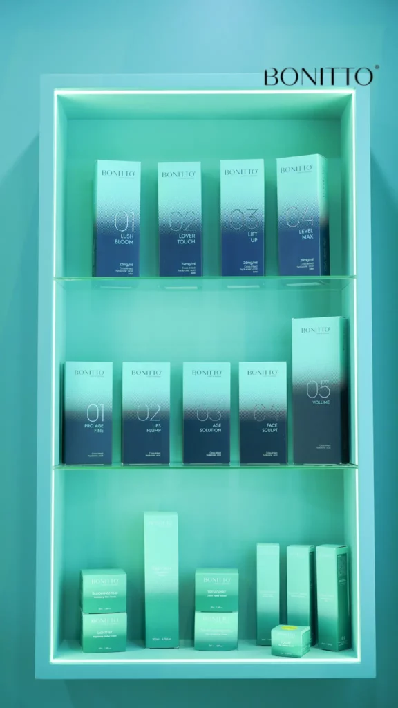 A display shelf with various BONITTO skincare products in blue and teal packaging, neatly arranged in rows against a matching teal background. The BONITTO logo is shown in the upper right corner.