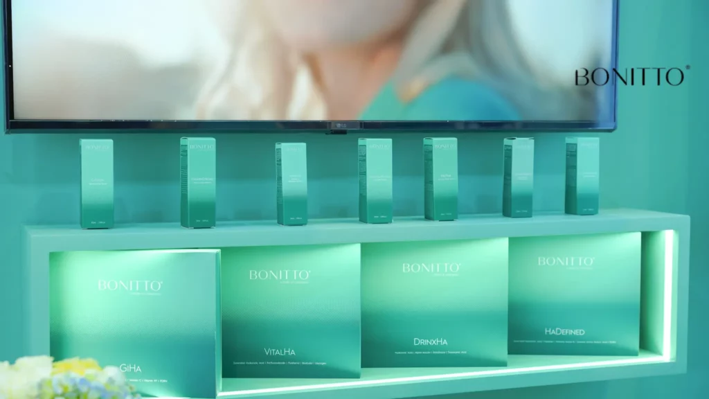 A display of BONITTO skincare products in teal packaging, arranged on a shelf with a teal background. A blurred image and the BONITTO logo are visible on the wall above the products.