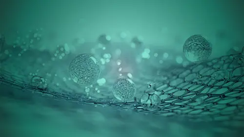Abstract image showing transparent spheres floating above a mesh-like surface, all in greenish-blue hues, evoking a scientific or futuristic atmosphere.