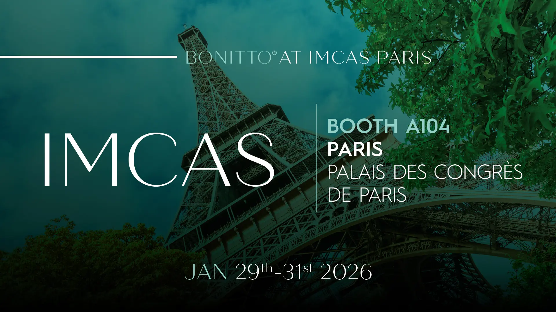 A promotional graphic for IMCAS Paris featuring the Eiffel Tower, green foliage, and event details: 