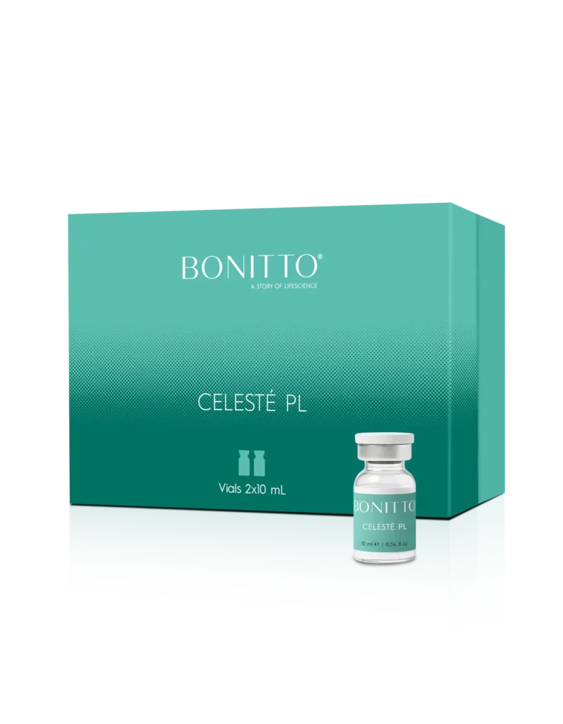 A turquoise and teal box labeled "BONITTO CELESTE PL" with an image of two vials and text "Vials 2x10 mL." A small matching vial is placed in front of the box.