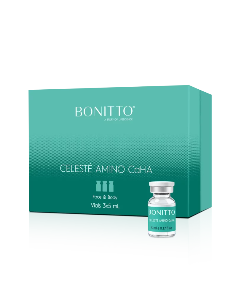 A teal Bonitto Celeste Amino CAHA box with a small glass vial in front, labeled for face and body use, containing 5 ml. Box text highlights 3 vials of 5 ml each. Clean, minimalist product presentation.